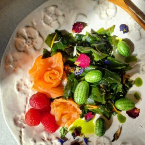 Seaweed Salad with Chive Oil, Cucamelons & Dried Edible Flowers