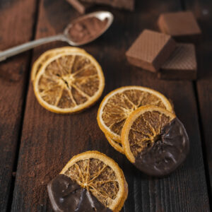 Dried oranges dipped into chocolate