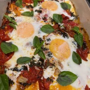 Roasted Tomato & Eggs with Basil Herb Oil
