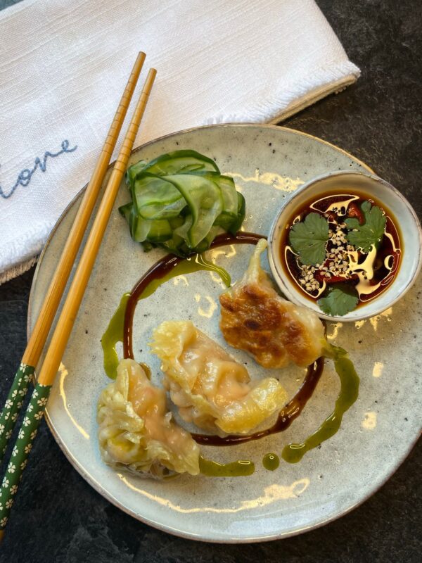 Prawn & Pork Dumplings with Coriander Herb Oil