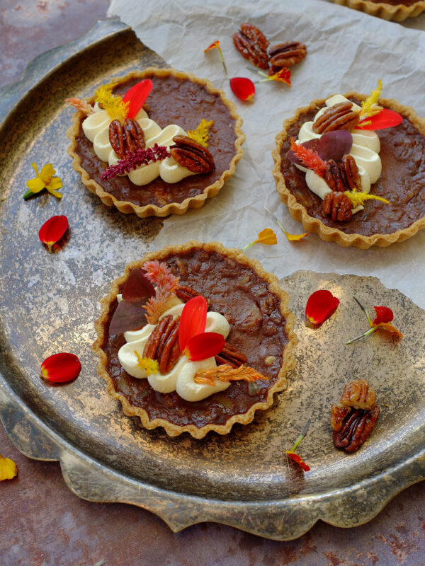 Edible Flower Topped Pecan Chocolate Tarts