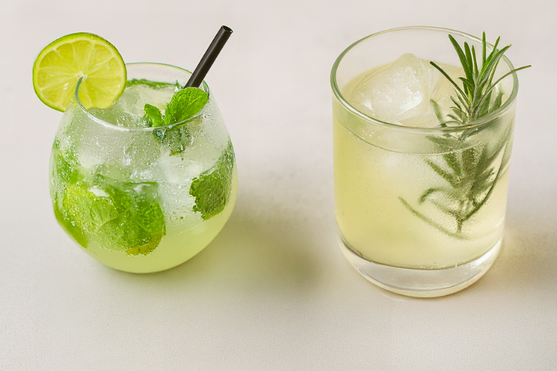 Cocktails garnished with fresh herbs