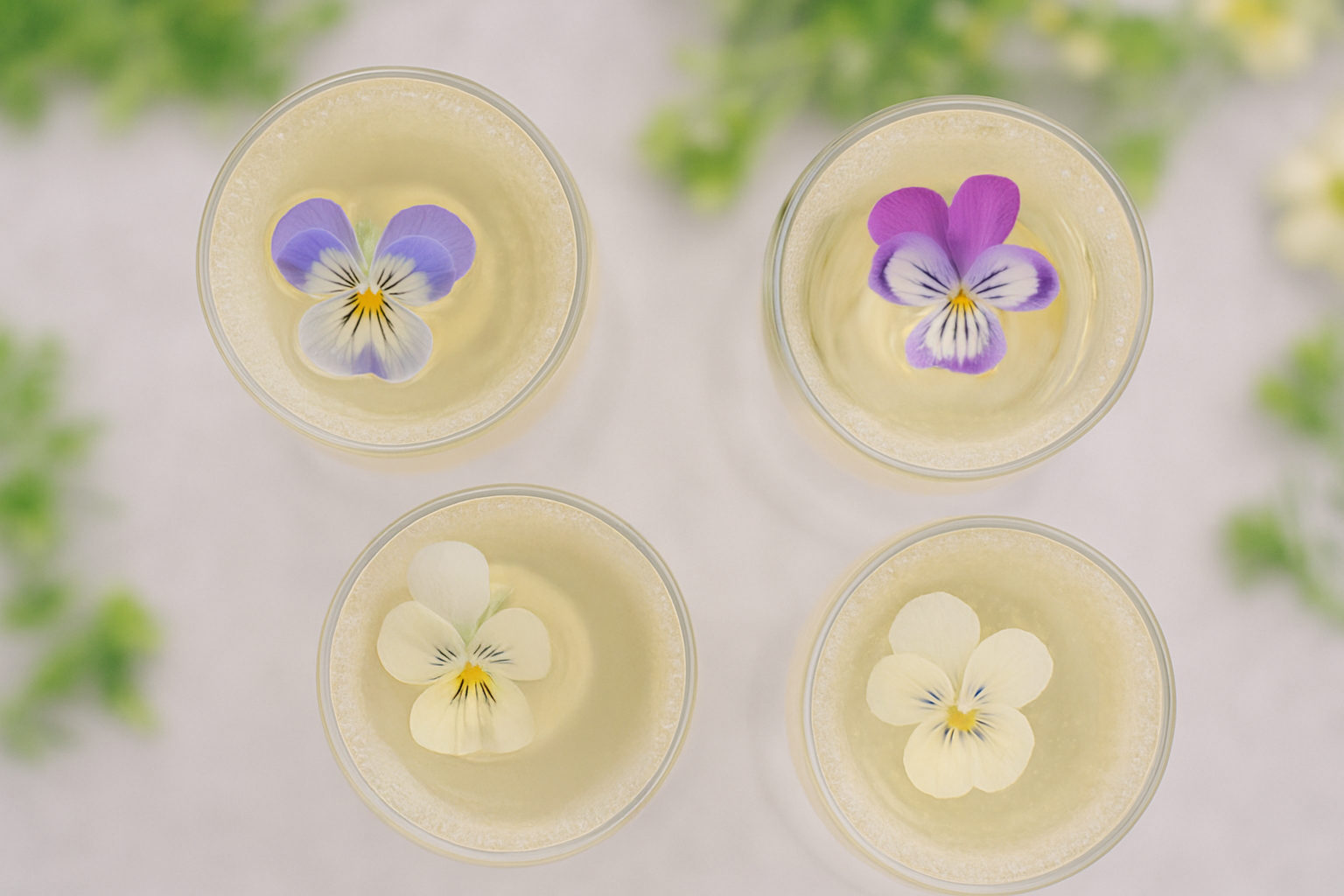 Champagne flutes with floating edible violas